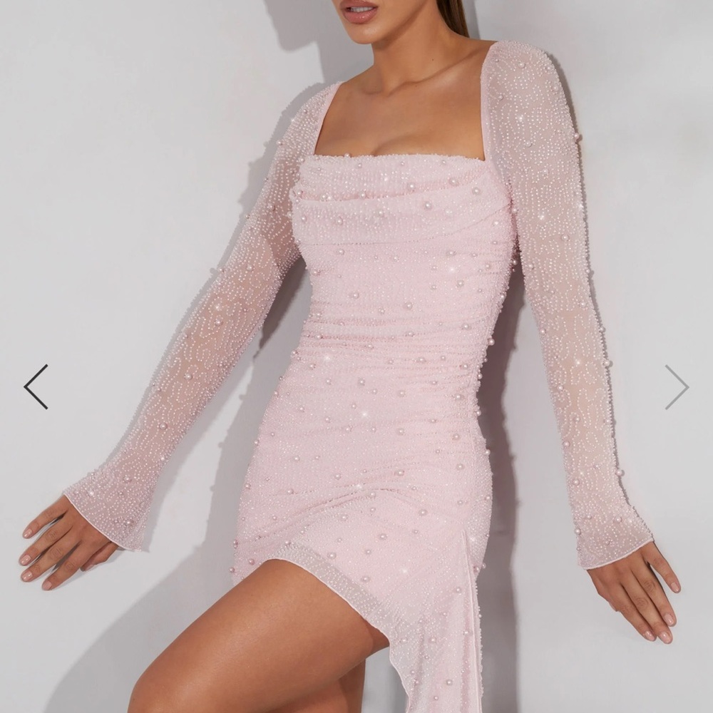 Oh Polly Light Pink Beaded Long Sleeve Dress NWTS
